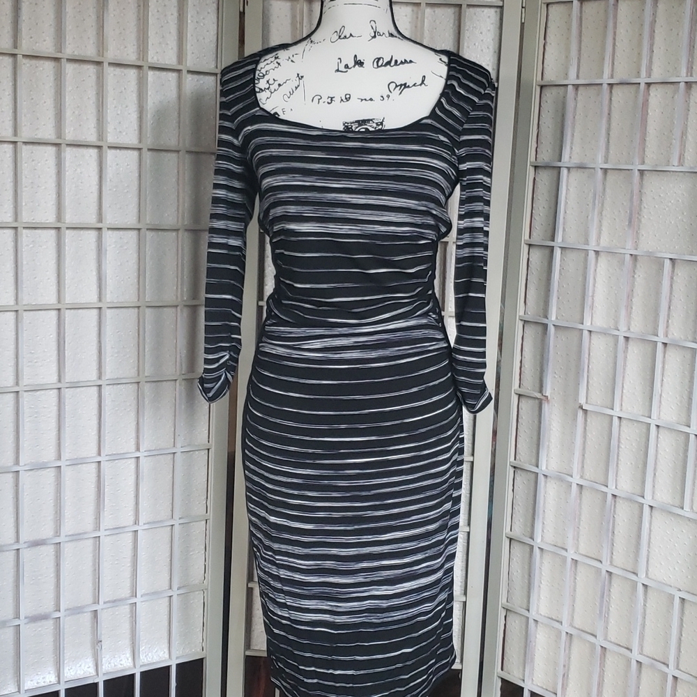 WHBM striped long sleeve draped fitted under knee length dress size S